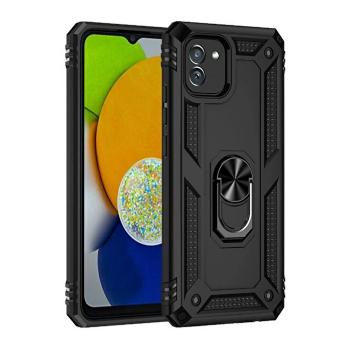 Durukar®  Samsung Galaxy A03 Kılıf Sofya Yüzüklü Silikon Kapak - Siyah