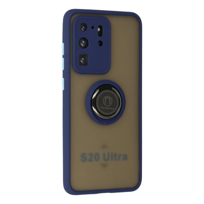Durukar®  Samsung Galaxy S20 Ultra Kılıf Montreal Yüzüklü Silikon Kapak - Lacivert