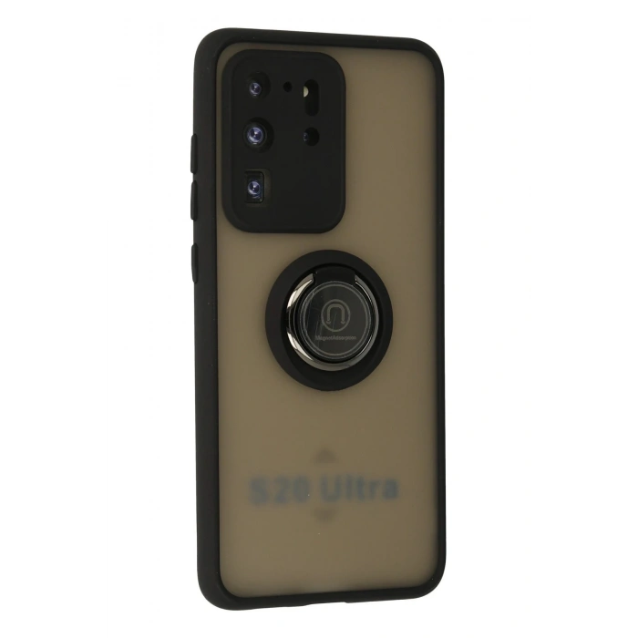 Durukar®  Samsung Galaxy S20 Ultra Kılıf Montreal Yüzüklü Silikon Kapak - Siyah