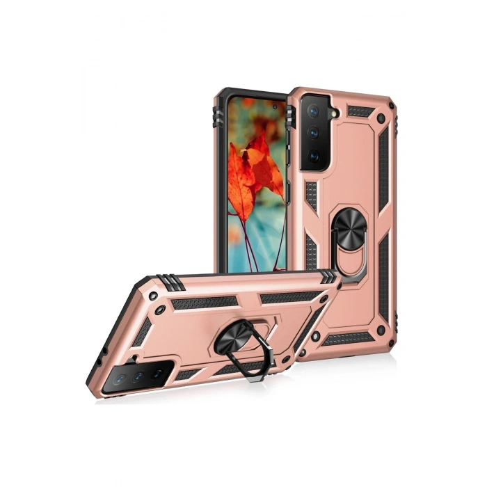 Durukar®  Samsung Galaxy S21 Kılıf Sofya Yüzüklü Silikon Kapak - Rose