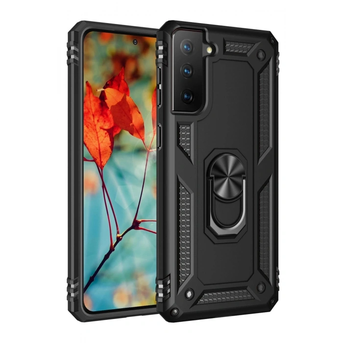 Durukar®  Samsung Galaxy S21 Plus Kılıf Sofya Yüzüklü Silikon Kapak - Siyah