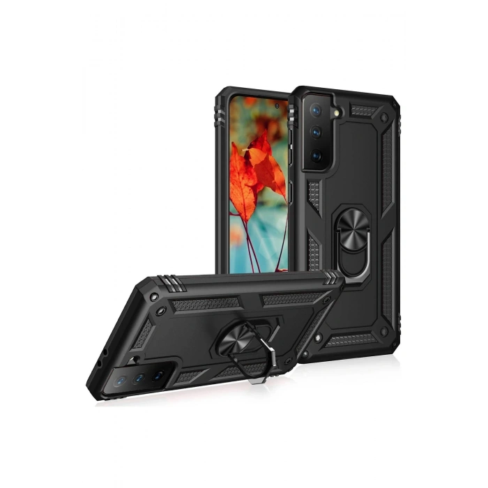 Durukar®  Samsung Galaxy S21 Plus Kılıf Sofya Yüzüklü Silikon Kapak - Siyah