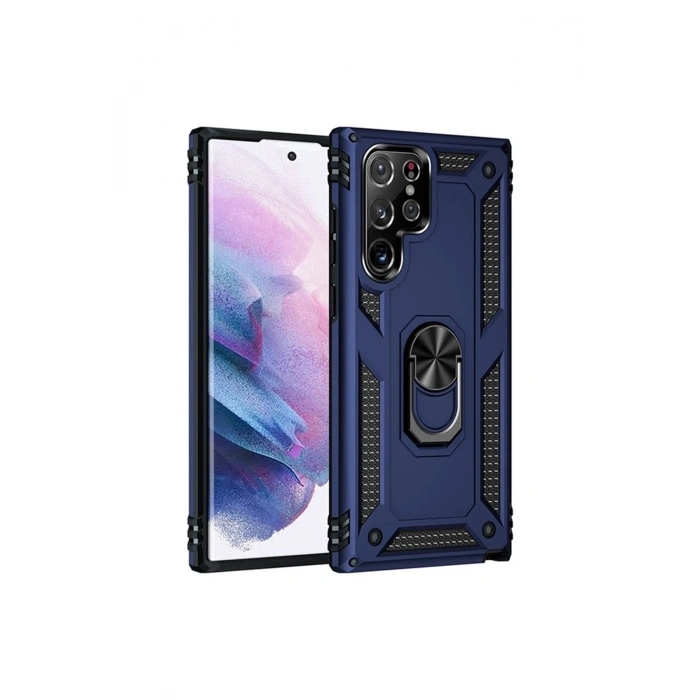 Durukar®  Samsung Galaxy S21 Ultra Kılıf Sofya Yüzüklü Silikon Kapak - Lacivert