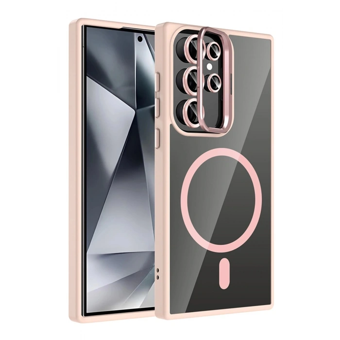 Durukar®  Samsung Galaxy S24 Ultra Remim Lensli Magsafe Standlı Kapak - Pembe