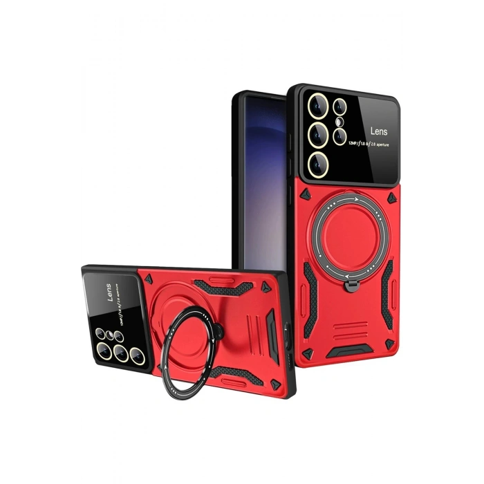 Durukar®  Samsung Galaxy S25 Ultra Kılıf Joy Lens Standlı Kapak - Kırmızı