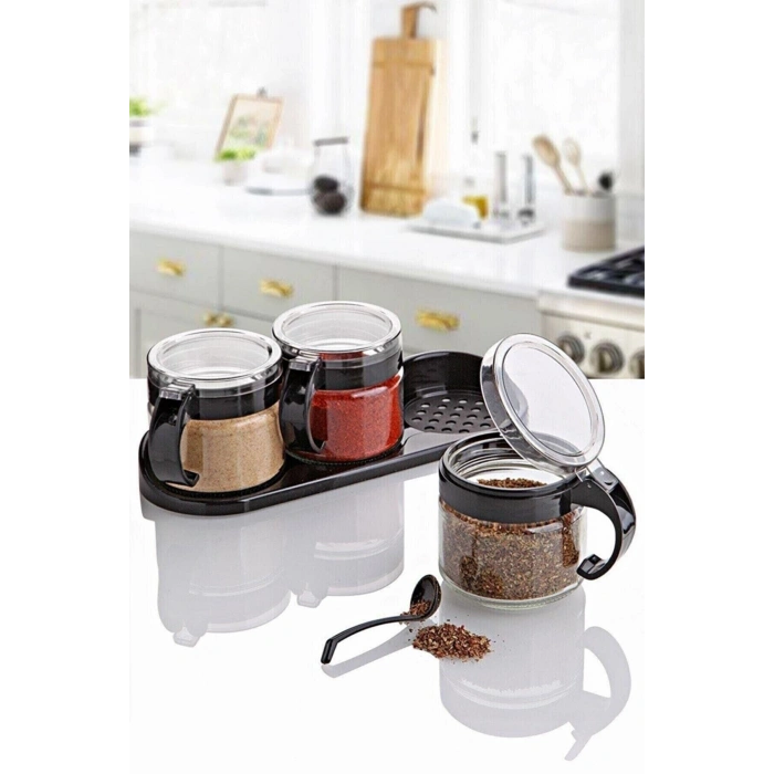 Durukar® Siyah 3lü Standlı Kapaklı Kaşıklı Cam Hava Sızdırmaz Baharatlık Takımı KC-386