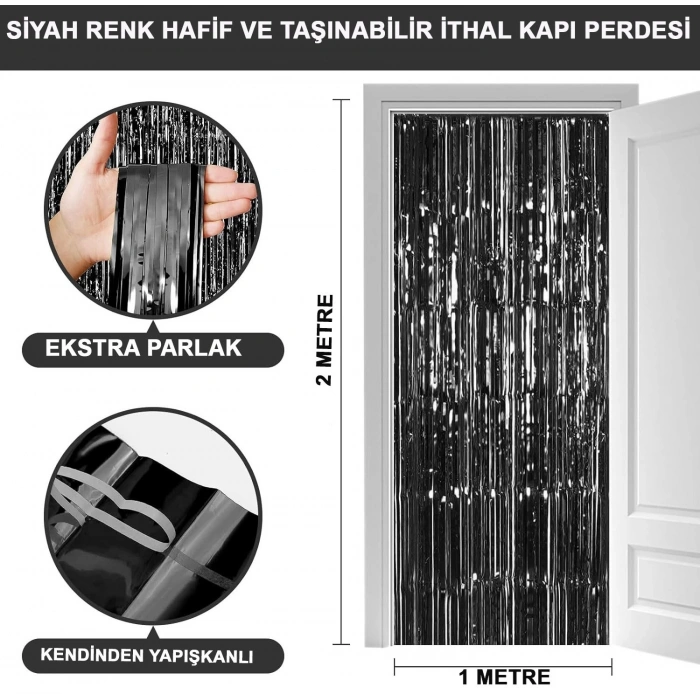 Durukar® Siyah Renk Ekstra Metalize Parlak Saçaklı Arka Fon Perde İthal A Kalite 1x2 Metre
