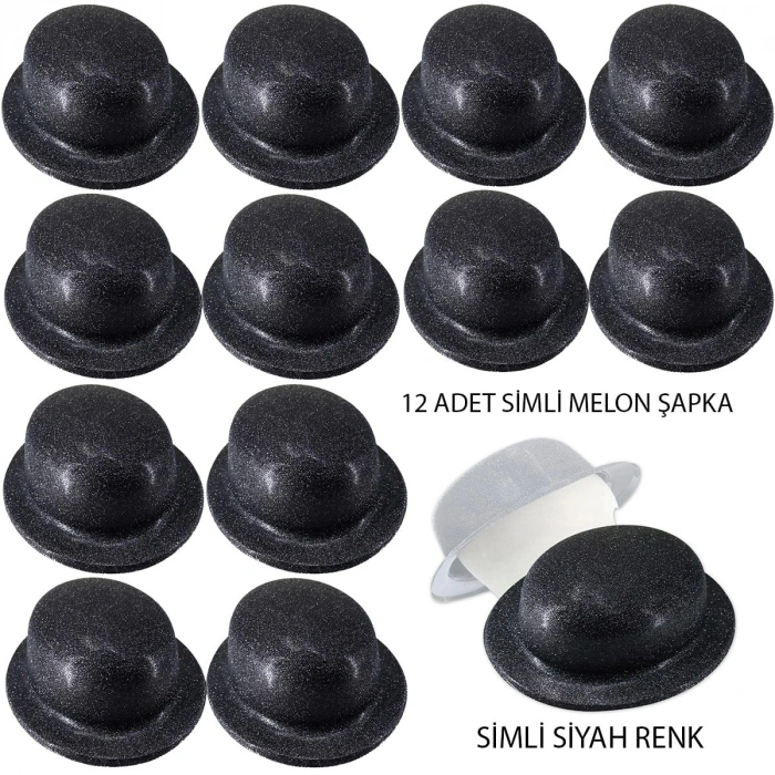 Durukar® Siyah Renk Simli Melon Yuvarlak Parti Şapkası 12 Adet