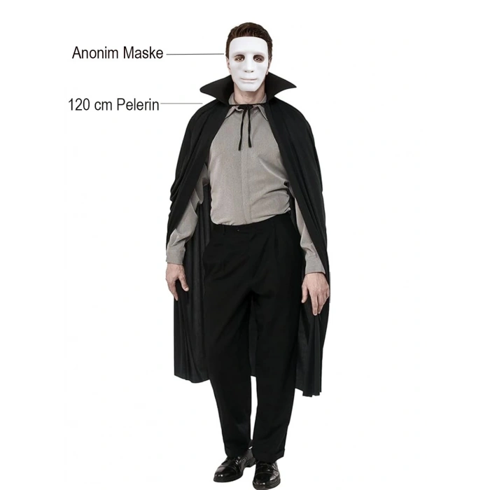 Durukar® Siyah Renk Yakalı 120 cm Pelerin ve Beyaz Anonim Maske