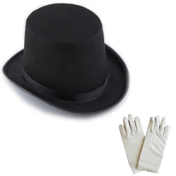 Durukar® Siyah Sihirbaz Fötr Şapka 15 cm - 1 Çift Beyaz Sihirbaz Eldiveni - Yetişkin Boy