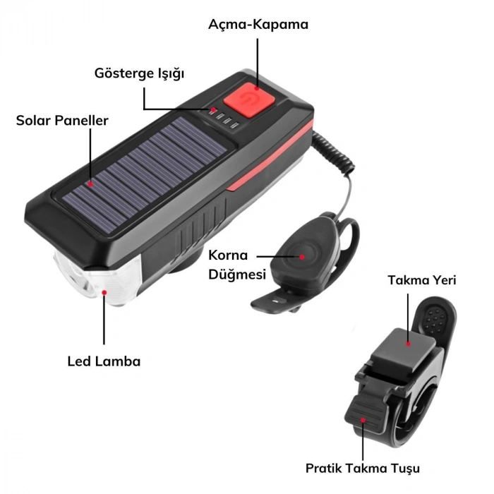 Durukar® Solar Enerjili USB ile Şarj Edilebilir Ledli Bisiklet Feneri Kornalı ve Su Geçirmez Far