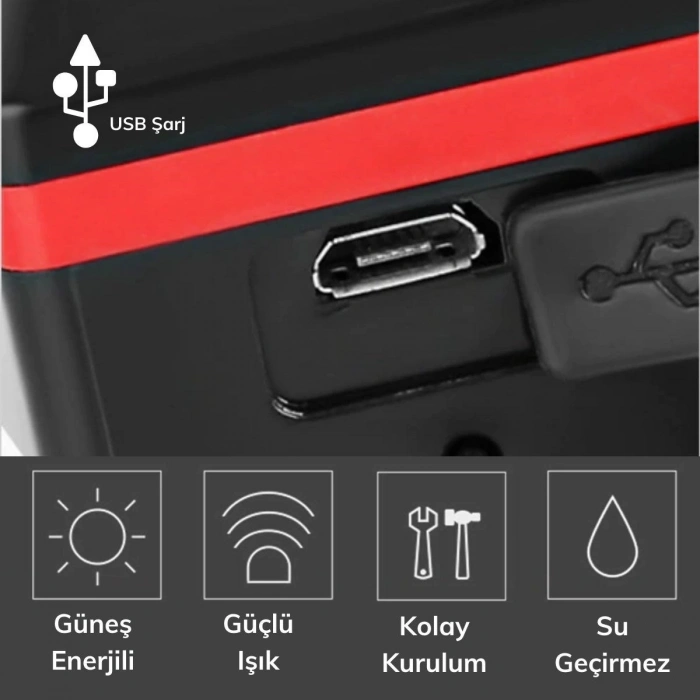 Durukar® Solar Enerjili USB ile Şarj Edilebilir Ledli Bisiklet Feneri Kornalı ve Su Geçirmez Far
