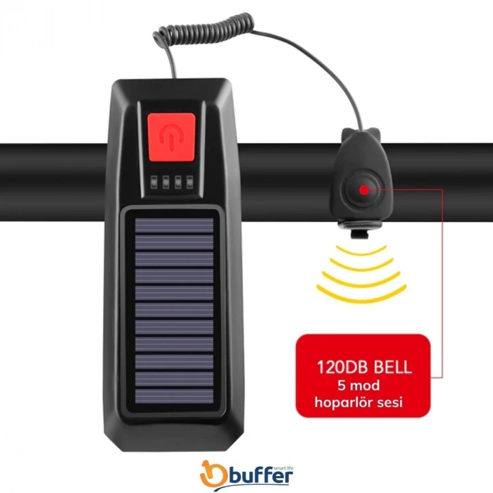 Durukar® Solar Enerjili USB ile Şarj Edilebilir Ledli Bisiklet Feneri Kornalı ve Su Geçirmez Far