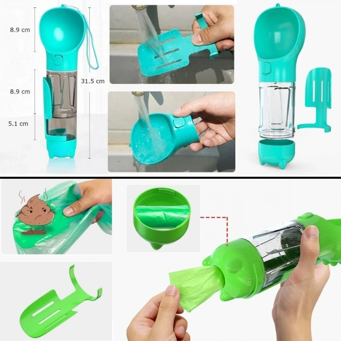 Durukar® Taşınabilir Hazneli Mama Kaplı ,Kaka Poşetli Kedi,Köpek Suluğu-300ml