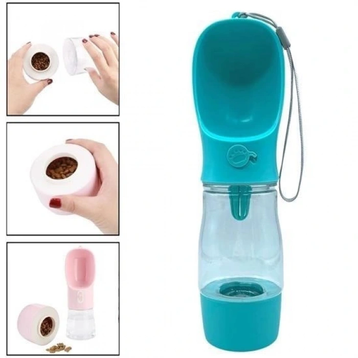 Durukar® Taşınabilir Mama Hazneli Evcil Hayvan Suluğu Seyahat Kabı Kilitlenebilen Su Sızdırmaz 380ML