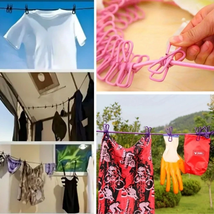 Durukar® Taşınabilir Seyahat Çamaşır İpi 12 Mandallı Klipsli Lastikli Çamaşır Mandalları