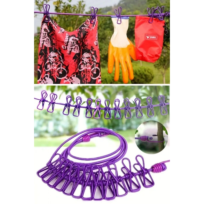 Durukar® Taşınabilir Seyahat Çamaşır İpi 12 Mandallı Klipsli Lastikli Çamaşır Mandalları