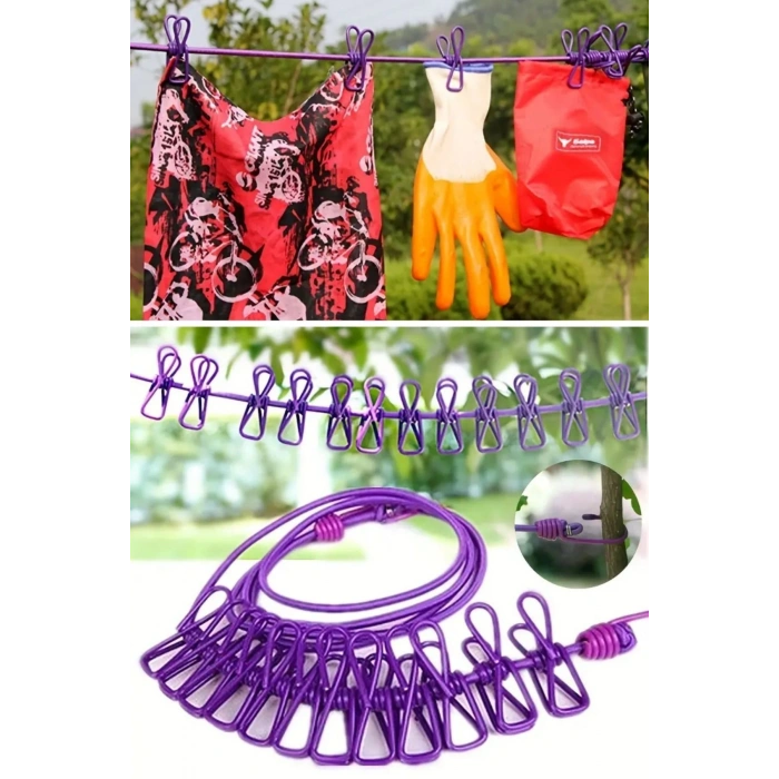 Durukar® Taşınabilir Seyahat Çamaşır İpi 12 Mandallı Klipsli Lastikli Çamaşır Mandalları