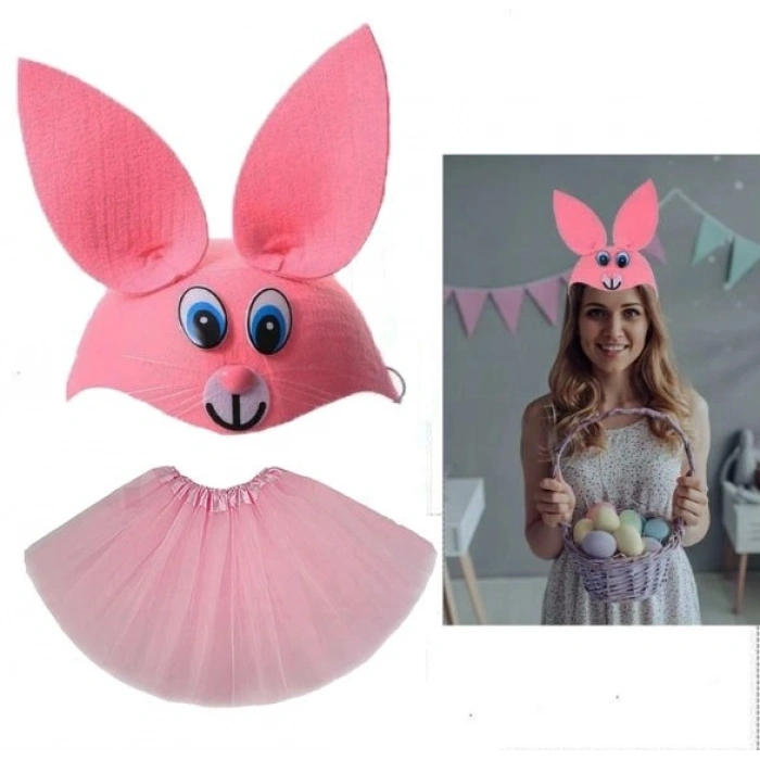 Durukar® Tavşan Kostümü Pembe - 23 Nisan Tavşan Şapka ve Tütü Etek Seti 2 Parça