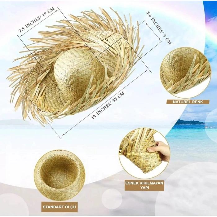 Durukar® Tropikal Parti Naturel Hasır Hawaii Şapkası 13x36 cm