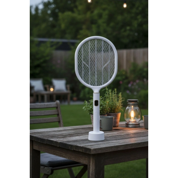 Durukar® USB Şarjlı Beyaz Renk Kendiliğinden Standlı Şarj Göstergeli UV Işıklı Sinek Öldürme Raketi LTD-718