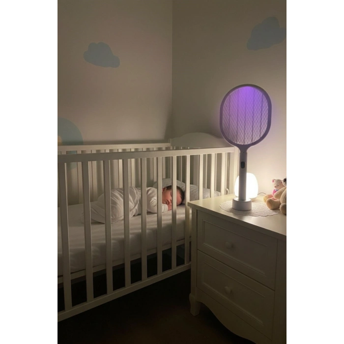 Durukar® USB Şarjlı Beyaz Renk Kendiliğinden Standlı Şarj Göstergeli UV Işıklı Sinek Öldürme Raketi LTD-718