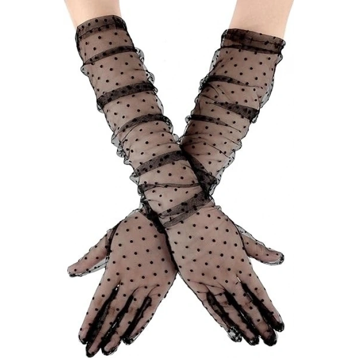 Durukar® Uzun Boy Siyah Puantiyeli Siyah Renk Yetişkin Tül Eldiven 55 cm