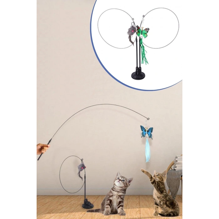 Durukar® Vantuzlu Tüylü Zilli Olta Kedi Oyuncağı 2 Oltalı