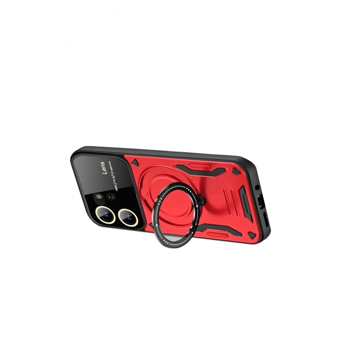 Durukar®  Vivo Y16 Kılıf Joy Lens Standlı Kapak - Kırmızı