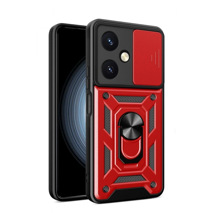 Durukar®  Vivo Y27 Kılıf Pars Lens Yüzüklü Silikon - Kırmızı