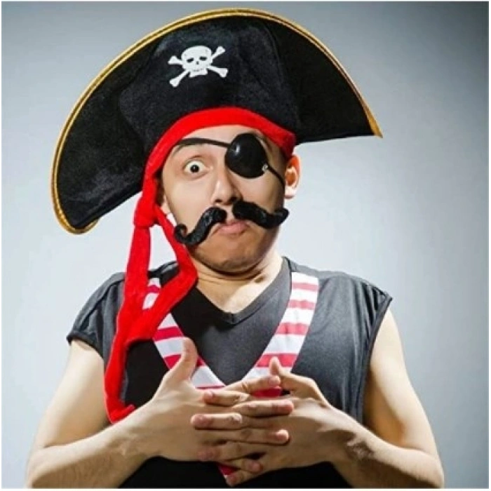 Durukar® Yetişkin Boy Kadife Kaptan Jack Sparrow Korsan Şapkası ve Plastik Korsan Göz Maskesi