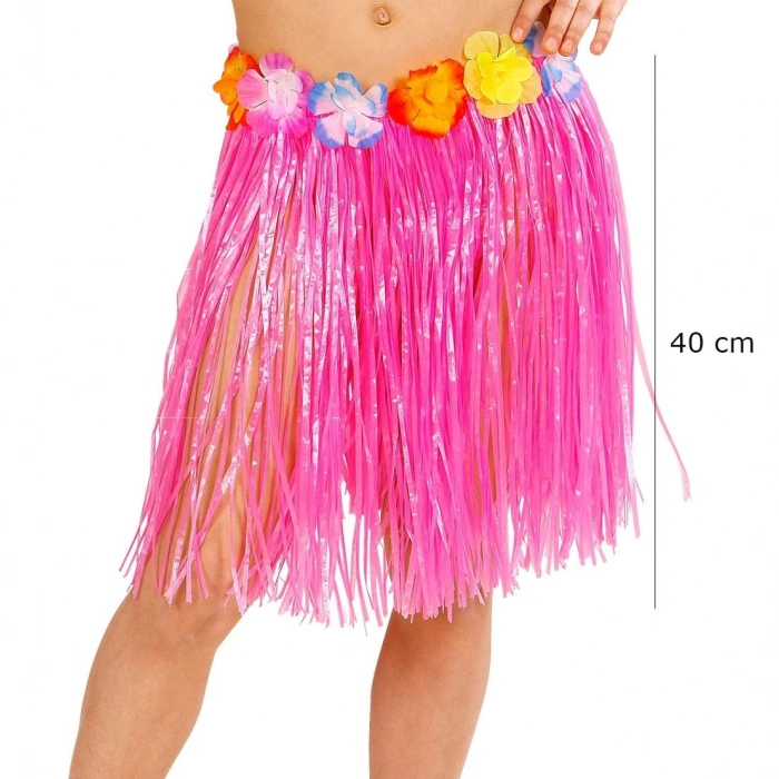 Durukar® Yetişkin ve Çocuk Uyumlu Pembe Renk Püsküllü Hawaii Luau Hula Etek 40 cm