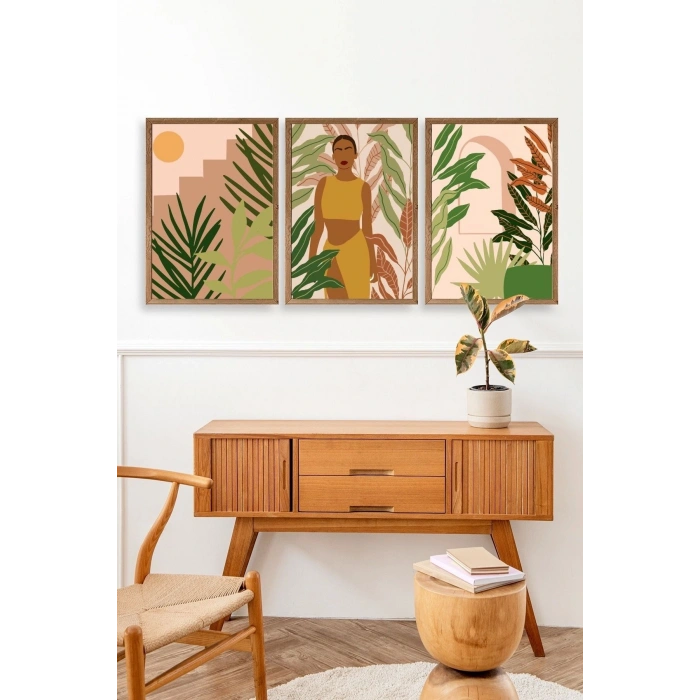 Düşündüren Çiçekli Üçlü Ahşap Çerçeveli Tablo 17 x 23