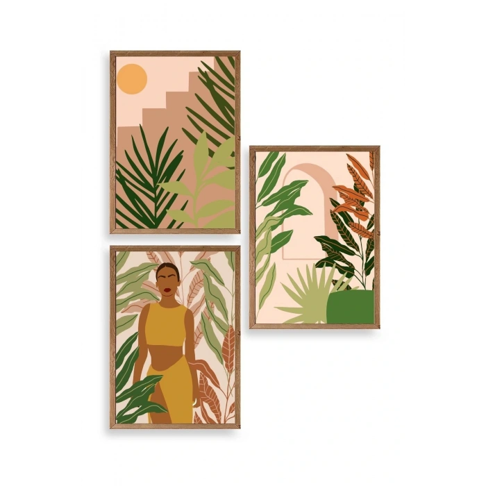 Düşündüren Çiçekli Üçlü Ahşap Çerçeveli Tablo 23 x 30