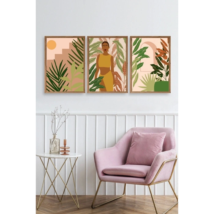 Düşündüren Çiçekli Üçlü Ahşap Çerçeveli Tablo 23 x 30