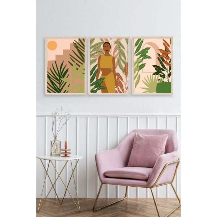 Düşündüren Çiçekli Üçlü Ahşap Çerçeveli Tablo 30 x 42