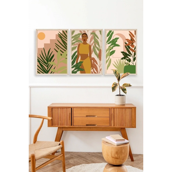 Düşündüren Çiçekli Üçlü Ahşap Çerçeveli Tablo 50 x 70