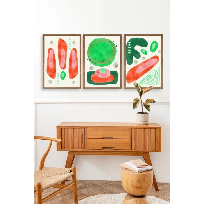 Düşündüren Şekiller Üçlü Ahşap Çerçeveli Tablo 30 x 42