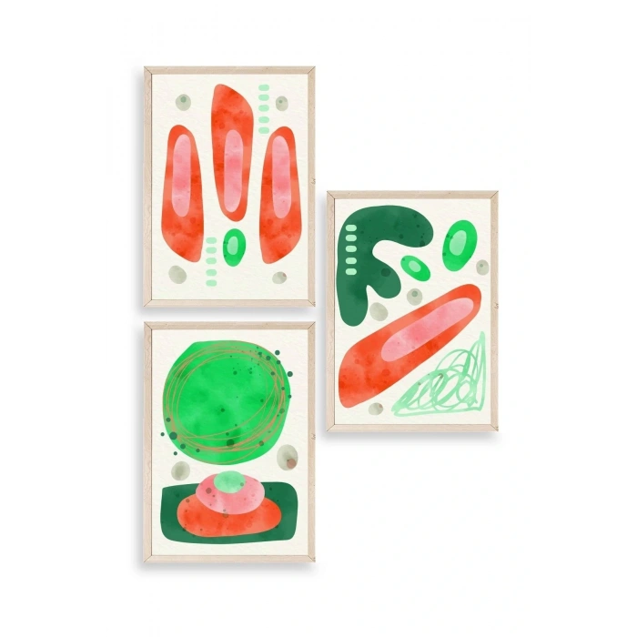 Düşündüren Şekiller Üçlü Ahşap Çerçeveli Tablo 50 x 70