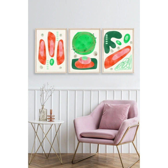 Düşündüren Şekiller Üçlü Ahşap Çerçeveli Tablo 50 x 70