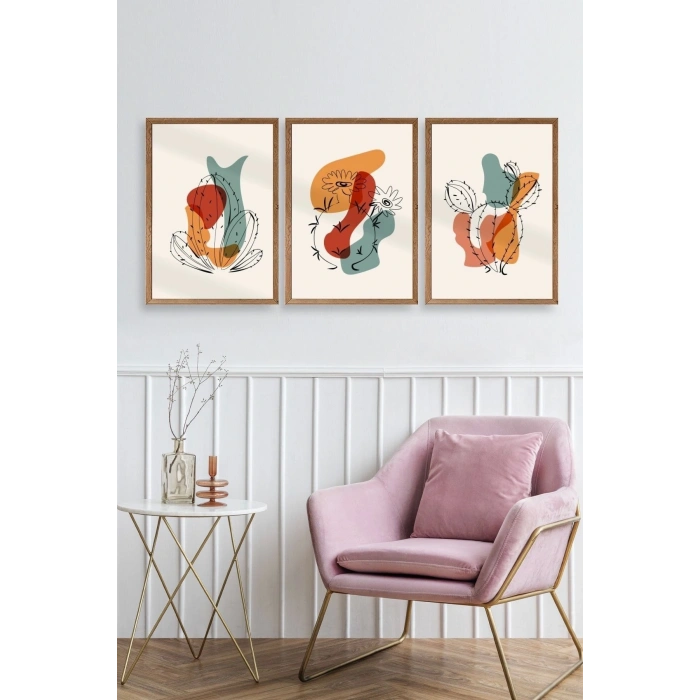Düşündüren Şekiller Üçlü Ahşap Çerçeveli Tablo 50 x 70