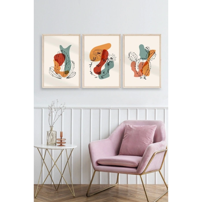 Düşündüren Şekiller Üçlü Ahşap Çerçeveli Tablo 50 x 70