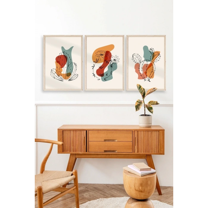 Düşündüren Şekiller Üçlü Ahşap Çerçeveli Tablo 50 x 70