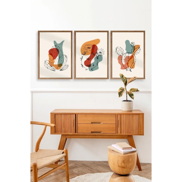 Düşündüren Şekiller Üçlü Ahşap Çerçeveli Tablo 50 x 70