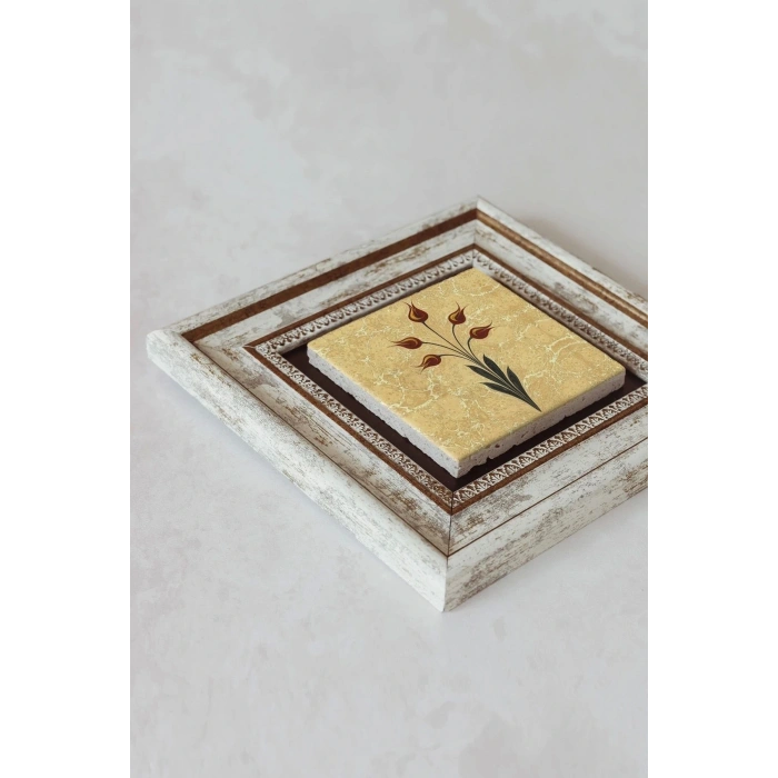 Ebru Lale Desen Çerçeveli Taş Tablo , Çerçeveli Taş Duvar Dekoru - Enkcrcvtbl-00092 20 cm