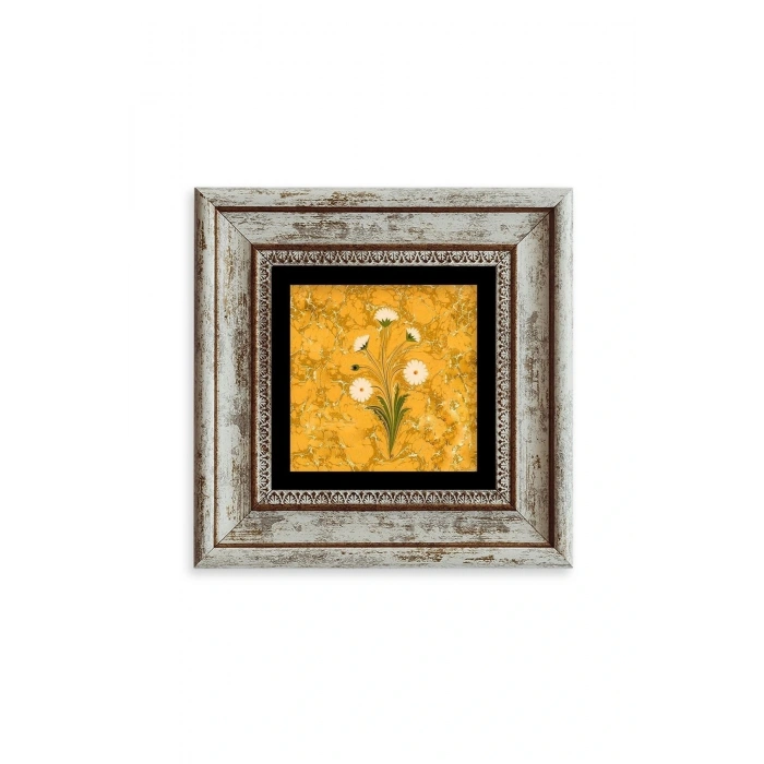 Ebru Sanatı Çiçek Çerçeveli Taş Tablo 20 cm