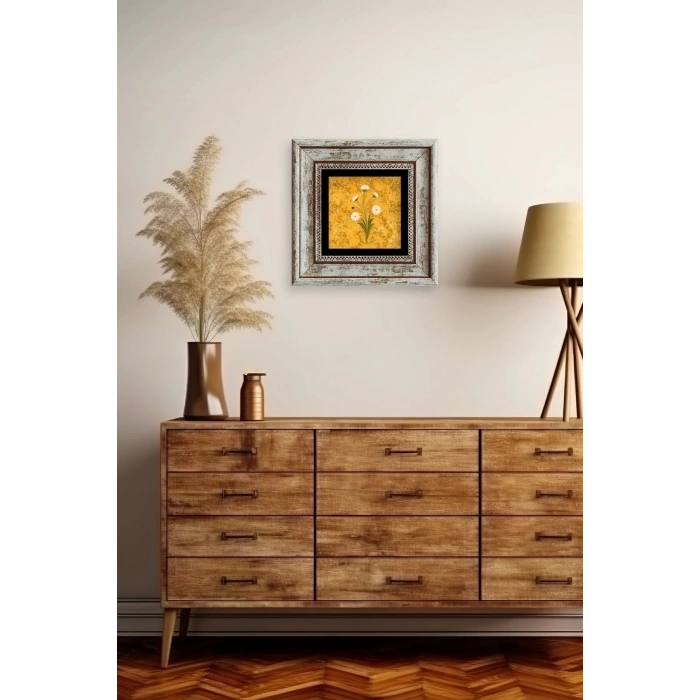 Ebru Sanatı Çiçek Çerçeveli Taş Tablo 20 cm