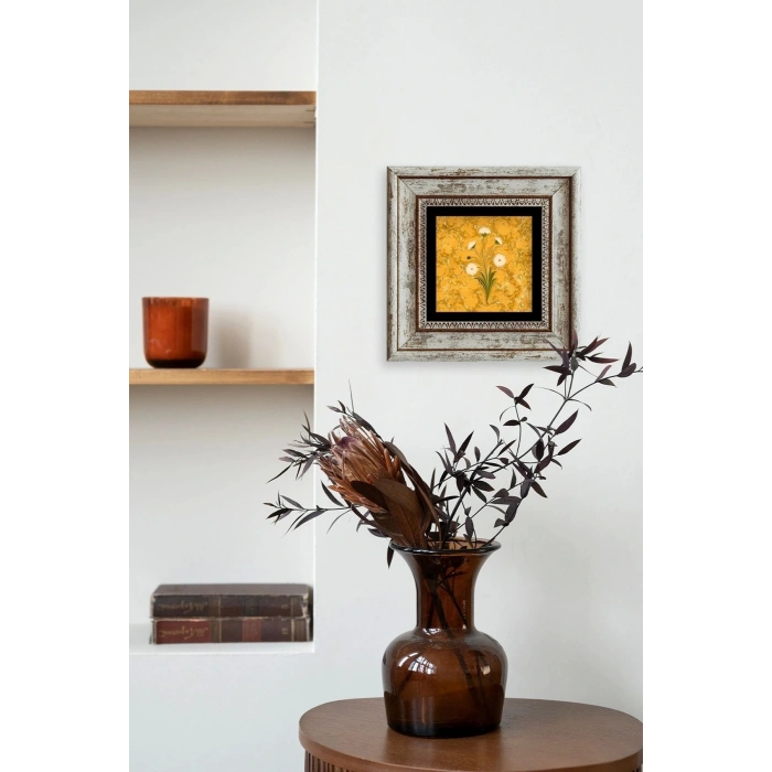 Ebru Sanatı Çiçek Çerçeveli Taş Tablo 20 cm