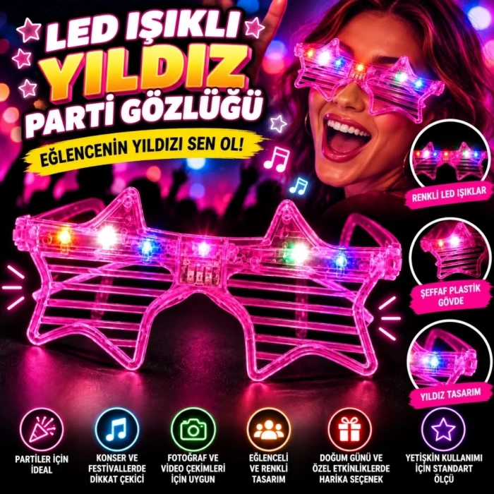 Eğlenceli Pembe Led Işıklı Yıldız Gözlük 1 Adet