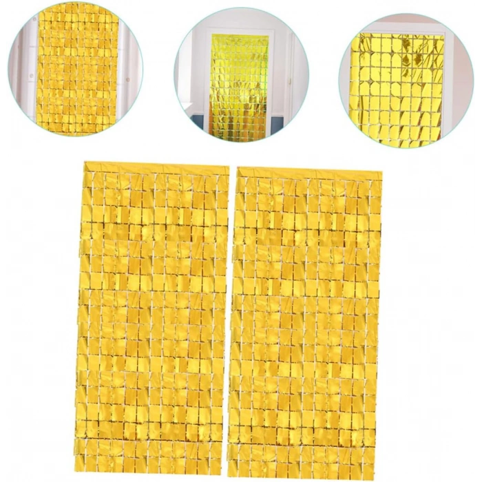 Ekstra Metalize Altın Renk Disko Dikdörtgen Kesim Kapı Perdesi Dekorasyon 1x2 Metre (5365)